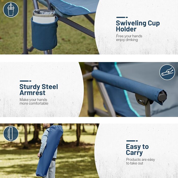 Складний туристичний стілець Timber Ridge XXL (230 кг) з широким сидінням (62 см), високою спинкою, підстаканником та міцними підлокітниками для кемпінгу, пікніка, саду та балкону (Блакитний, 1 шт)