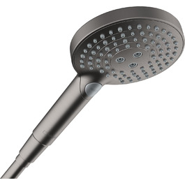 hansgrohe Raindance Select S - water-saving showerhead 9 l/min (EcoSmart), hand shower with 3 spray patterns, round shower head (⌀ 120 mm), water-saving showerhead with anti-limescale function, (with PowderRain jet, Brushed Black Chrome, 3 spray patterns including PowderRain)