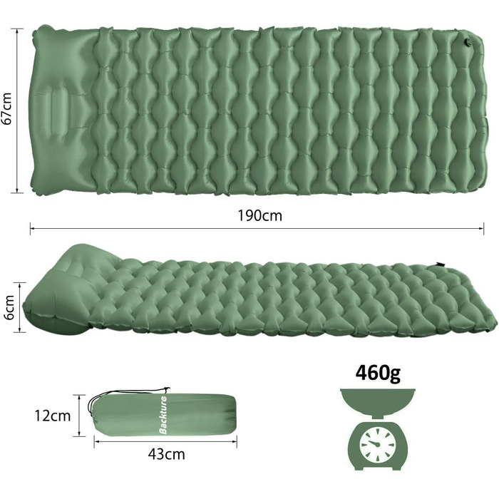 Isomatte Camping Ultralight Inflatable Sleeping Pad with Pillow - Waterproof Folding Air Mattress for Camping, Hiking, Travel & Backpacking (Green)