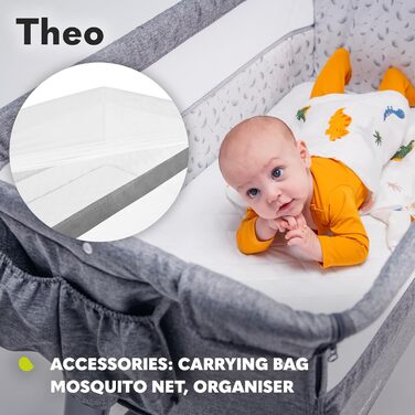 Lionelo Theo 2in1 Baby Cot, Travel Cot for Baby, Crib for Baby from Birth up to 9 kg, Height Adjustment, Recline Adjustment, Foldable Side Rail, Mattress, Mosquito Net (Dark Grey) Dark Grey 1 Piece (1-Pack)