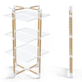 Сушарка для білизни VOUNOT Tower 3 рівні, складана, біла, з колесами - 25м, імітація дерева