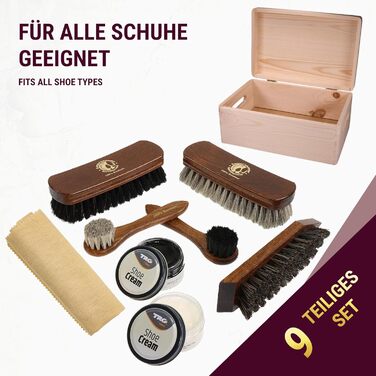 Shoe Shining Set Leather 9-Piece Shoe Shining Box Milano I Horsehair Shoe Brush - Container Brush and extra soft horsehair brush for polishing I Shoe Brush Set with horsehair, shoe care set made in Germany