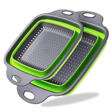 Дуршлаг силіконовий розкладний JJOO, 2 шт (29.2 см + 24.1 см), зелений - для овочів та фруктів, кухонний