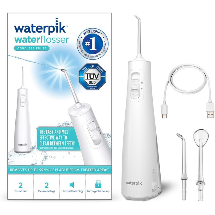 Waterpik Pulse Бездротова Іригатор для Рота (Мандюшче) з 2 Насадками, Білий. Професійне видалення нальоту, 2 режими інтенсивності, 45 сек резервуар, для чищення зубів та міжзубних проміжків