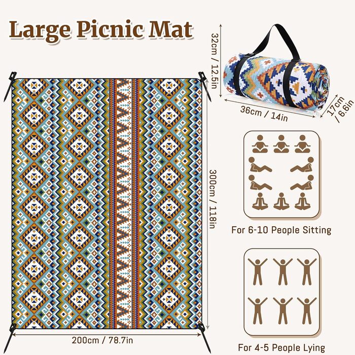 Плед для пікніка Boho водонепроникний XL (200x300 см) з ручкою та кілочками для пляжу, кемпінгу, парку – Boho стиль