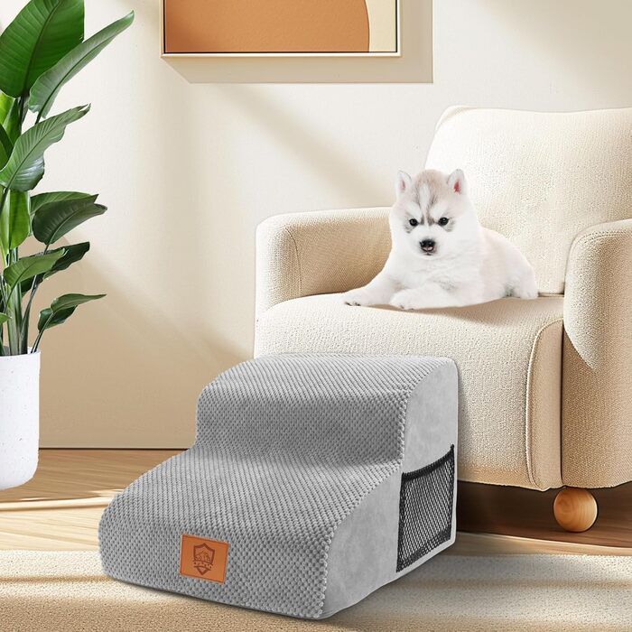 Masthome Dog Stairs for Small Dogs, 4 Steps Pet Stairs with Washable Cover, 52cm High Cat Stairs for High Beds, Dog Ramp Ladder, Removable, Black (Dog Stairs 2 Steps - Grey)
