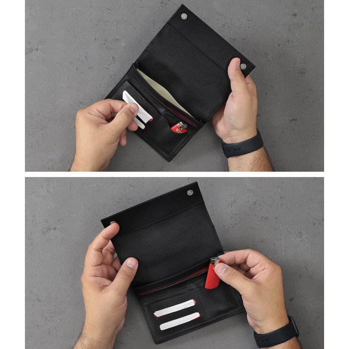 Richhoff Tobacco Pouch made of Premium Leather - Tobacco Bag with Magnetic Closure - Rolling Pouch with Extra Double-Paper & Filter & Lighter Pocket - Tobacco Bag - (Black)