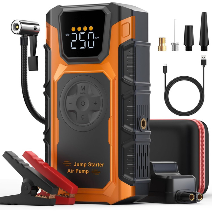 Powerbank для автомобіля Starthilfe 6000A з компресором 150PSI, 12V, для бензинових та дизельних авто (до 10л), QC3.0, LCD, ліхтарик