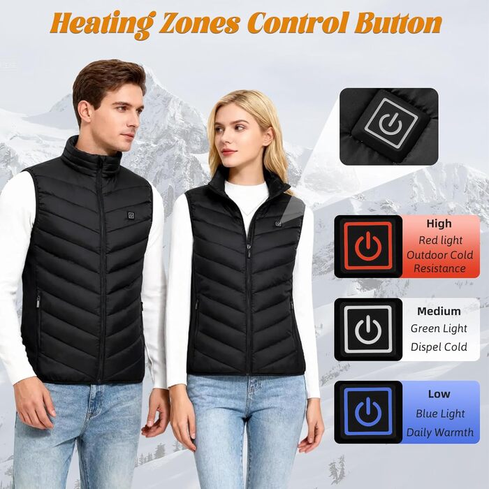Обогревна жилетка для чоловіків та жінок з акумулятором 10000 mAh та 9 зонами обігріву, 3 режими температури, для зимових видів спорту та полювання