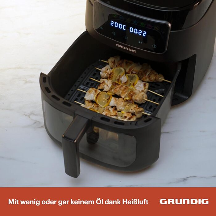 Аерофритюрниця Grundig FRY 7320, 7,6 л, 1750 Вт, сенсорний дисплей, велике оглядове вікно, регулювання температури і часу, антипригарне покриття, кошик для посудомийки, чорна