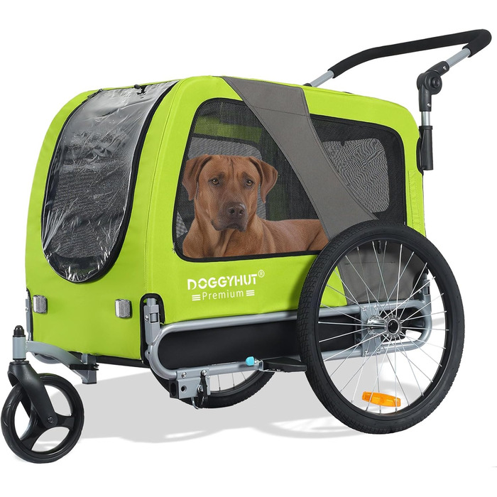DOGGYHUT® Преміум великий велосипедний причіп для собак 2 в 1 / Візок-бігунок для собак / Причіп для собак великого розміру, 270 літрів, для собак середніх та великих порід до 35 кг (зелений / чорний)