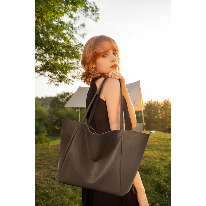 Сумка жіноча KALIDI шопер велика зі шкірозамінника (PU шкіра) коричнева для роботи, покупок, навчання з блискавкою