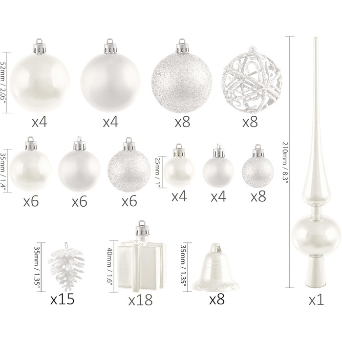 Набір прикрас для ялинки BRUBAKER 101 шт. з верхівкою, кремово-білий, для ялинки
