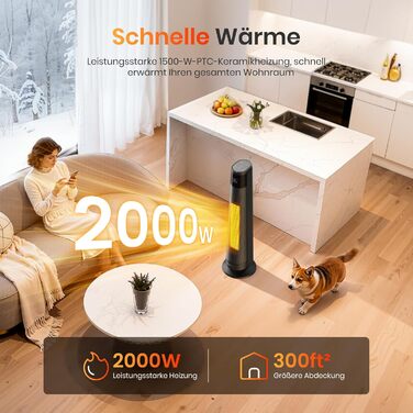 Електричний обігрівач PTC 2000W з керамічним нагрівачем, тихий, з термостатом та пультом керування, ECO режим, 70° осциляція, 12h таймер, захист від перегріву та перекидання, чорний, 1 шт.