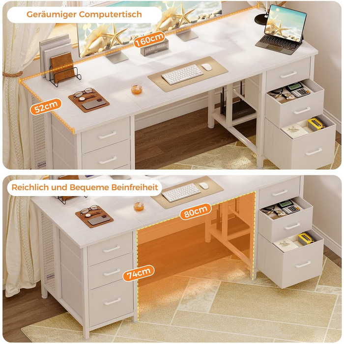 Комп'ютерний стіл Coleshome з 6 шухлядами 160x52 см, білий для дому та офісу