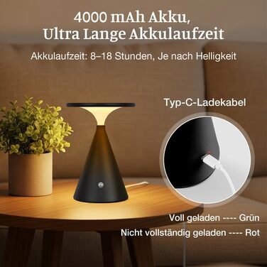 Світлодіодна настільна лампа бездротова LED акумуляторна, димуєма, 4000mAh, для приміщення та вулиці, сенсорна, 3 кольори, регульована яскравість, стильна (1 шт., чорна)