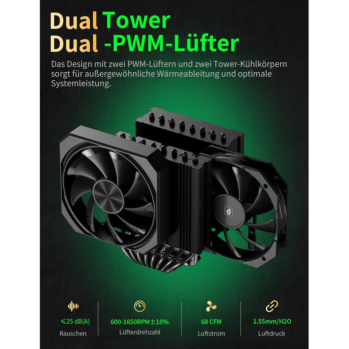 upHere Охолоджувач процесора up2KC8 з RGB підсвічуванням, подвійна вежа, 8 теплових трубок, 120мм вентилятор, сумісний з AMD AM4/AM5 та Intel 2011/2066