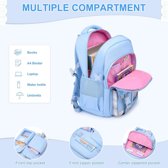 Сумка для школи для дівчаток - велика містка рюкзак Каваї з відділом для ноутбука для учнів початкової та середньої школи, блакитний