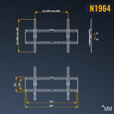 Настінне кріплення для телевізора RICOO N1964, похиле, для 40-75 дюймів, до 95 кг, VESA 600x400 мм