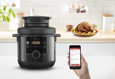 Moulinex Turbo Cuisine & Fry CE7788-2 in 1: Electric pressure cooker and air fryer up to 1450 W power, non-stick coated, 15 automatic programs, timer, accessories, black