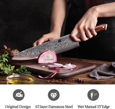 XINZUO 21cm Damascus Chef's Knife - 67 Layer Multipurpose Kitchen Knife for Meat, Fish & Vegetables - Gyuto Professional Hand-Forged Knife with Ergonomic Rosewood Handle