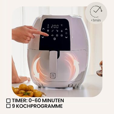 Фритюрниця без олії ZEEGMA KNAPPER GRAND 1700 Вт, 2 відсіки, 9 л, таймер 60 хв, 11 програм, 60-200°C, швидкий нагрів, сенсорне керування, білий колір