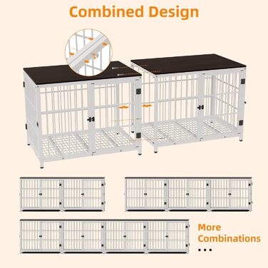BingoPaw Клітка для собак з дерева, шафка-переноска, білий колір, 91x63x74 см. Знімний піддон, 3 двері, для середніх собак