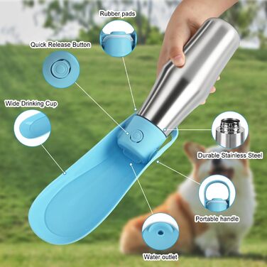 Водяна пляшка для собак на прогулянці - не протікає, з нержавіючої сталі, подвійні стінки, вакуумна ізоляція, 750 мл (Блакитна)