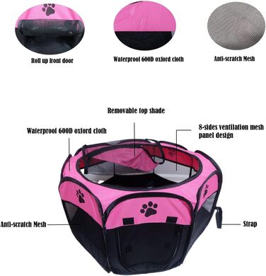 Портативний вольєр для тварин, складаний вольєр для собак та котів, кроликів, тренувальний намет для домашніх тварин, для використання в приміщенні та на вулиці (S (72,9 x 72,9 x 40,6 см), Рожевий)