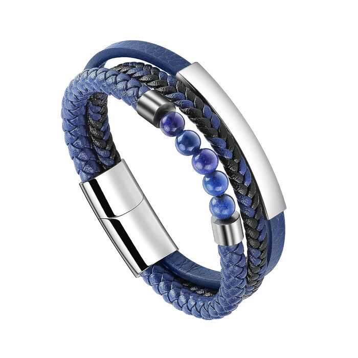 Браслет чоловічий шкіряний плетений Lederarmband з магнітною застібкою (синьо-срібний, 18.5 см)