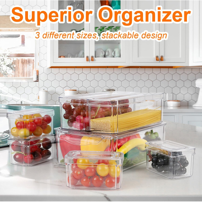 Refrigerator Organizer Set, 6-Piece Set of Refrigerator Storage Boxes with Lids, Transparent Stackable Refrigerator Boxes, Storage Box for Refrigerator for Kitchen Cabinets (Model 2)