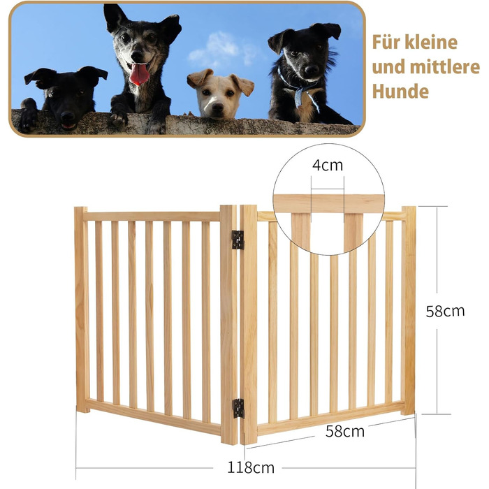 Дверцята для собак з дерева, розкладні, для кухні, коридору, вітальні, сходи, кут, підходять для собак малих та середніх порід, дерев'яного кольору, 2P 58cm, захисний забір для собак