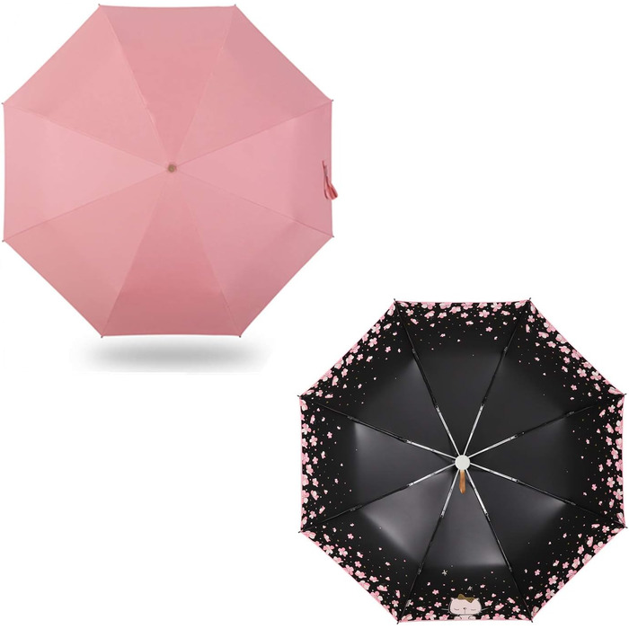 Зонт компактний та складаний з UV-захистом, переносний від Voy Lady – Рожевий, з квітковим малюнком (кіт) – діаметр 96 см