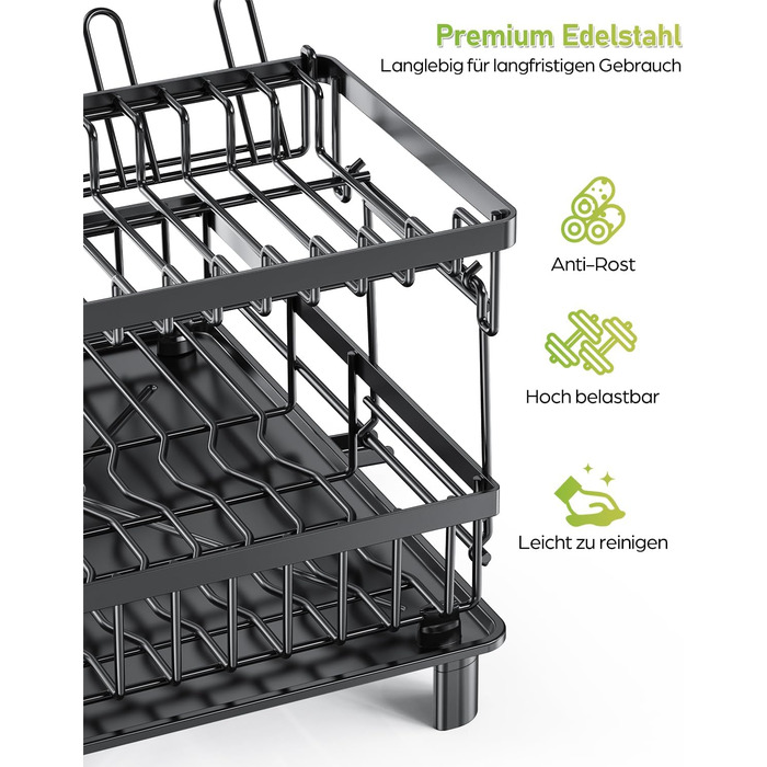 LIONONLY Dish Drying Rack, Large 2-Tier Dish Drying Rack with Drip Bowl, Stainless Steel Dish Drying Rack with Utensil Holder, Beverage Holder, and Swivel Spout, Dish Drying Stand Kitchen