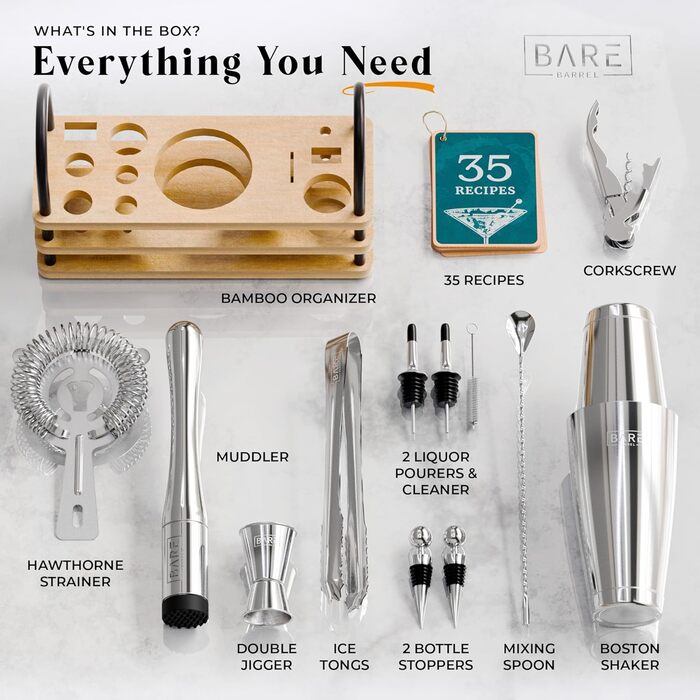 Bare Barrel® Cocktail Shaker Set - 14 Piece Mixology Bar Set with Boston Shaker, Martini Accessories, & Recipe Cards - Perfect Home Bar Gift Set
