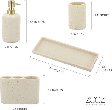 ZCCZ 4-Piece Bathroom Accessory Set, Black, with Soap Dispenser, Toothbrush Holder, Bathroom Cup, and Vanity Tray, Decorative Countertop Organizer (Beige 4pcs)