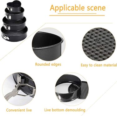 Форми для випічки Amzeeniu Springform, набір 4 шт., 11/18/23/26 см, круглі, професійні, знімний дно, антипригарне покриття, набір з 8 насадок для крему, 3 шаблони для тортів, чорний колір