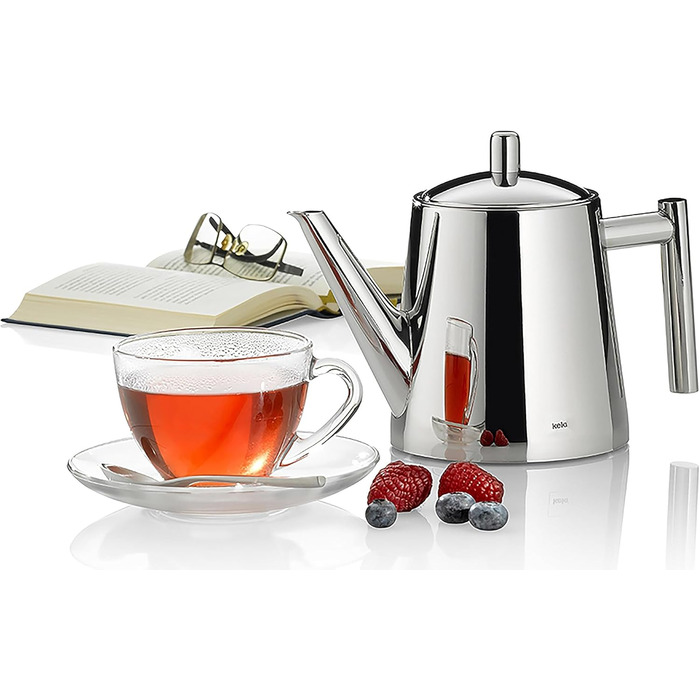 Kela Teapot with infuser, stainless steel teapot ANCONA, teapot for loose leaf tea and tea bags, tea maker, silver (0.9 L)
