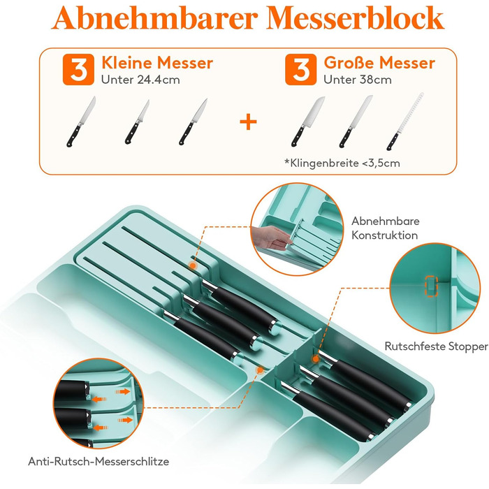 Органайзер для столових приборів Lifewit в шухляду, розширюваний, з відділенням для ножів (40 см, бірюзовий)