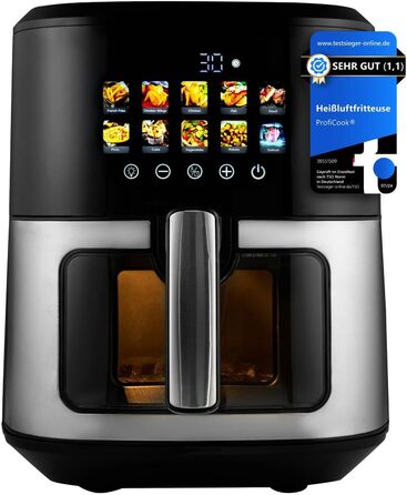 Аерофритюрниця ProfiCook 6,5 л, без олії, 9 програм, 1700 Вт, сенсорний дисплей, нержавіюча сталь, XXL, модель 2024