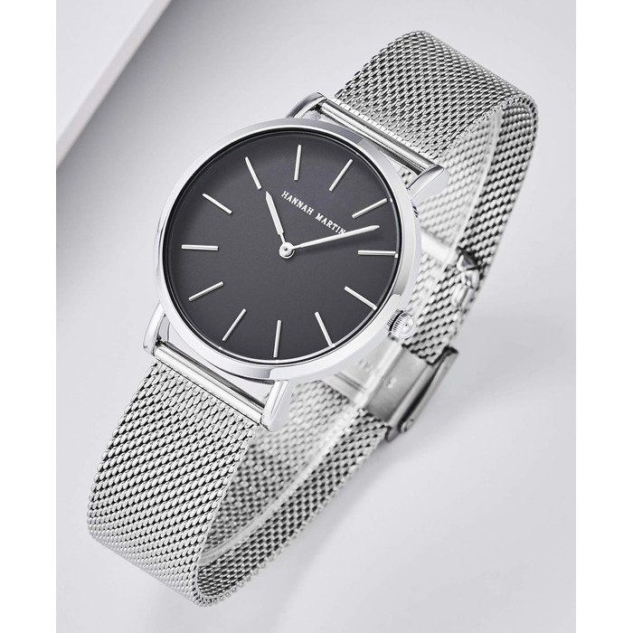 Жіночий годинник: аналоговий кварц, нержавіюча сталь, водонепроникний, сітка, ультратонкий комплект з браслетом (чорний корпус, срібний ремінець, срібний браслет)