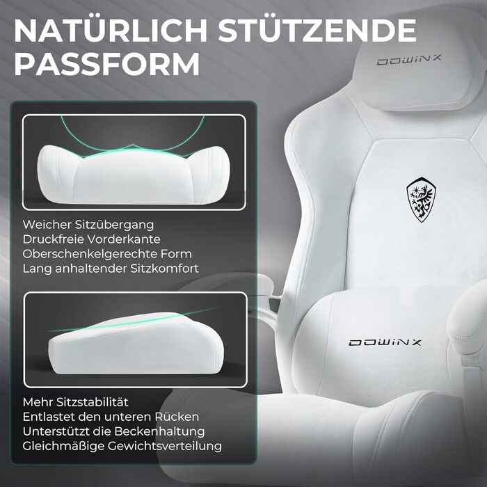 Ігровий крісло Dowinx з ергономічною підтримкою попереку, регульованою підголівником, потовщеним сидінням, висувною підніжкою, регульованими підлокітниками, мікрофібровим велюром, нахилом 160°, білий