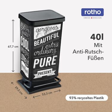Сміттєвий відро Rotho Paso на 40 л з педаллю та Soft-Close кришкою, сріблясте