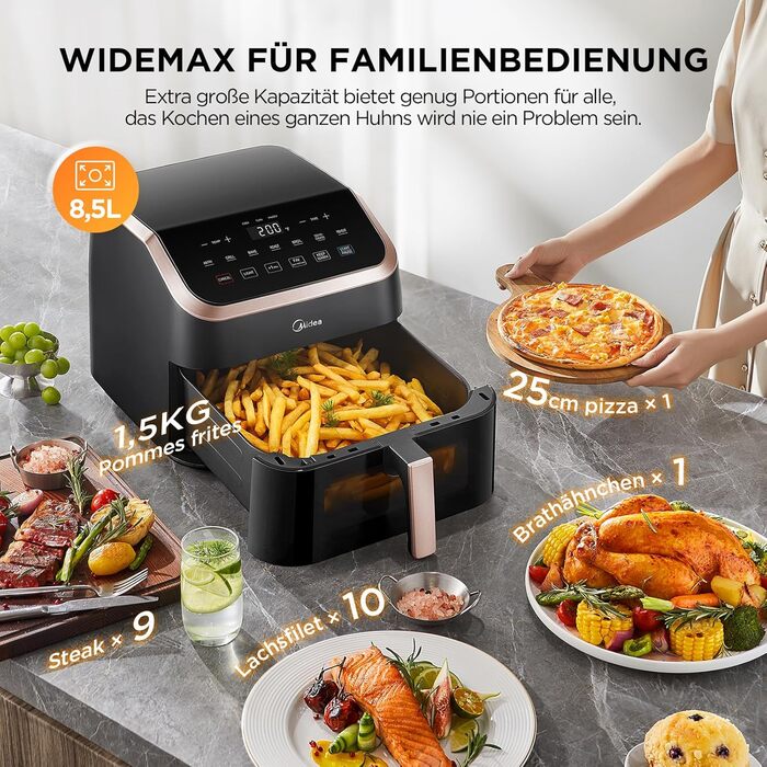 Аерофритюрниця Midea XXL 9 л, 8-в-1, без олії, до 200°C, для грилю, випічки, смаження, дегідрації, розігріву, підтримки тепла, з рецептурником, підходить для посудомийки
