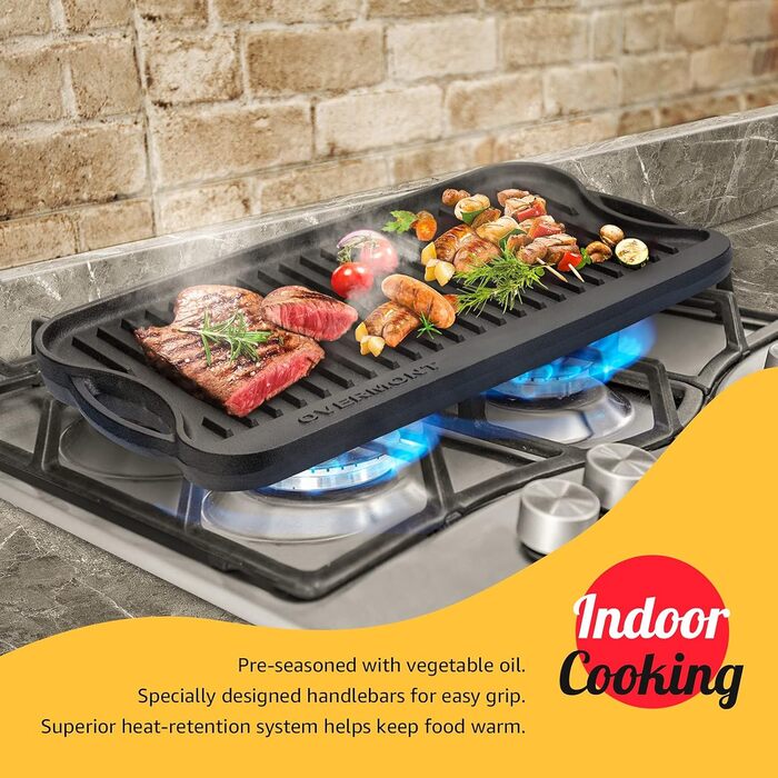 Чавунна двостороння гриль-плита OVERMONT з ручками 43,2×24,9 см для BBQ, духовки, газового та вугільного гриля