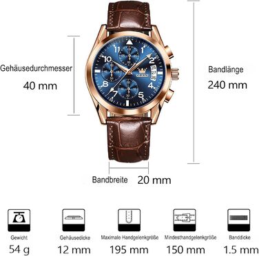 Годинник чоловічий OLEVS Vintage з шкіряним ремінцем, великий циферблат, водонепроникні, аналогові годинники з датою (2878, блакитний циферблат/коричневий ремінець)