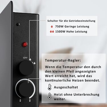 Конвектор-нагрівач DONYER POWER 2000W, ультратонкий, настінний/підлоговий, скляна панель (1.5kW, чорний)