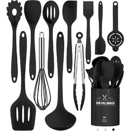 Набір кухонних аксесуарів 12 шт. з силікону, чорний: лопатки, ложки, ополоники. Стійкий до високих температур, антипригарний, для посуду, підходить для миття в посудомийній машині