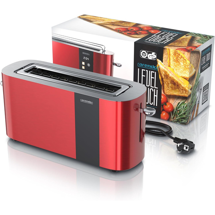 Тостер Arendo з нержавіючої сталі, 2 слоти, сенсорний дисплей, подвійні стінки, насадка для тостів, 6 рівнів підсмажування, центрування хліба, таймер, пам'ять - Чорний (D: Karminrot)