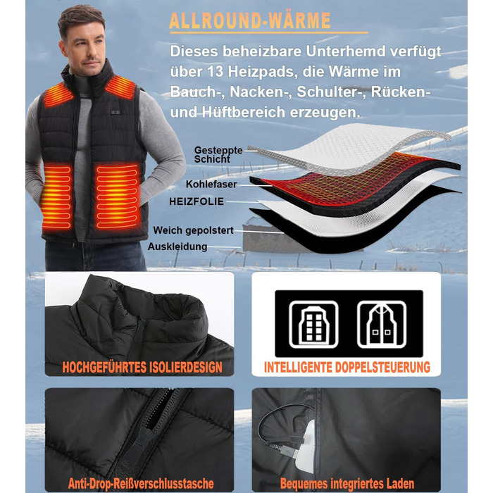 Обогріваючий жилет для чоловіків з акумулятором, 13 зон нагріву, 3 режими температури, чорний, XL